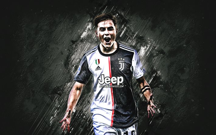 Paulo Dybala, A Juventus FC, retrato, Jogador de futebol argentino, pedra cinza de fundo, arte criativa, S&#233;rie, It&#225;lia