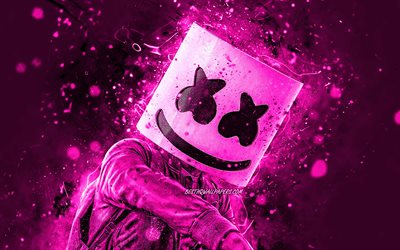 DJ Marshmello, 4K, violetti neon valot, musiikin t&#228;hdet, Christopher Comstock, amerikkalainen DJ, supert&#228;hti&#228;, Marshmello 4K, kuvitus, violetti taustat, luova, Marshmello, Dj