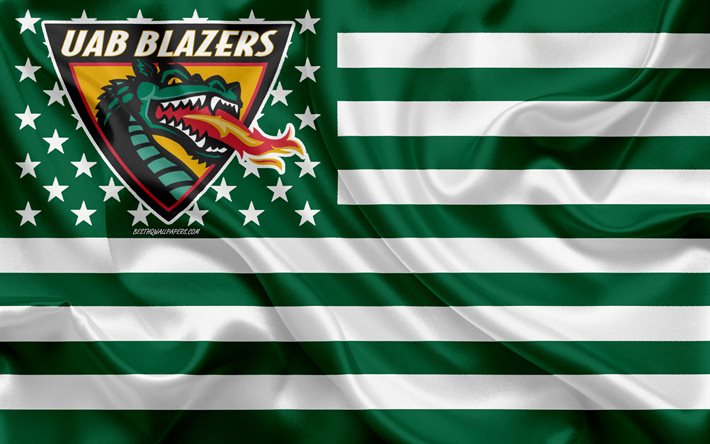 UAB Blazers, Time de futebol americano, criativo bandeira Americana, verde bandeira branca, NCAA, Birmingham, Alabama, EUA, UAB Blazers logotipo, emblema, seda bandeira, Futebol americano, Universidade do Alabama, em Birmingham