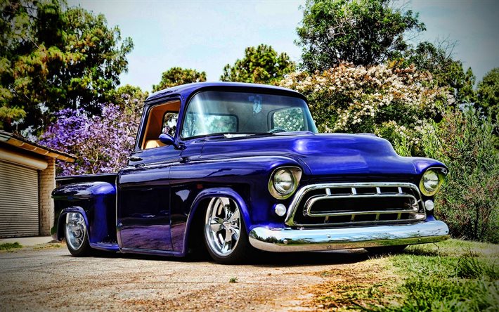 Chevrolet 3100, lowrider, retro cars, 1957 cars, HDR, tuning, blue pickup, 1957 Chevrolet 3100, american cars, Chevrolet