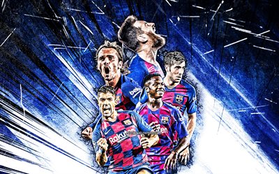 4k, Lionel Messi, Antoine Griezmann, Luis Suarez, Sergi Roberto, Ansu Fati, grunge art, Barcelona FC, footballers, FCB, football stars, La Liga, LaLiga, Barcelona team, blue abstract rays, Barca, soccer
