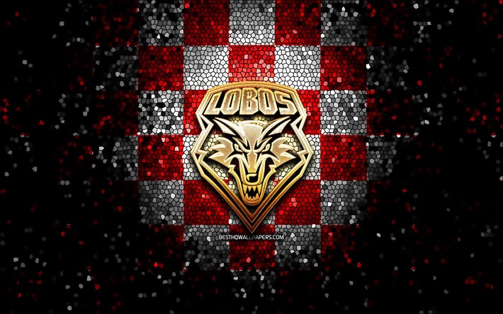 New Mexico Lobos, glitter logo, NCAA, red white checkered background, USA, american football team, New Mexico Lobos logo, mosaic art, american football, America