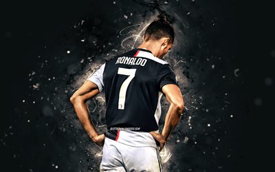4k, Cristiano Ronaldo, 背面, 白ネオン, ユベントスFC, CR7, ポルトガル語サッカー選手, イタリア, ユヴェント, サッカー, サッカー星, シリーズ, Cristiano Ronaldo4K, CR7ゃ