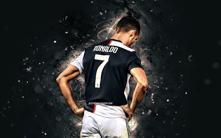 4k, Cristiano Ronaldo, back view, white neon lights, Juventus FC, CR7, portuguese footballers, Italy, Bianconeri, soccer, football stars, Serie A, Cristiano Ronaldo 4K, CR7 Juve