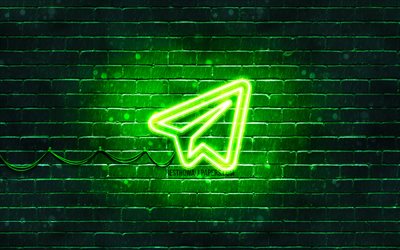 Telegram gr&#246;n logotyp, 4k, gr&#246;na brickwall, Telegram logotyp, sociala n&#228;tverk, Telegram neon logotyp, Telegram