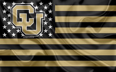 Colorado Manda, Amerikan futbol takımı, yaratıcı Amerikan bayrağı, siyah ve altın bayrak, NCAA, Boulder, Colorado, USA, Colorado Buffalo logo, amblem, ipek bayrak, Amerikan Futbolu