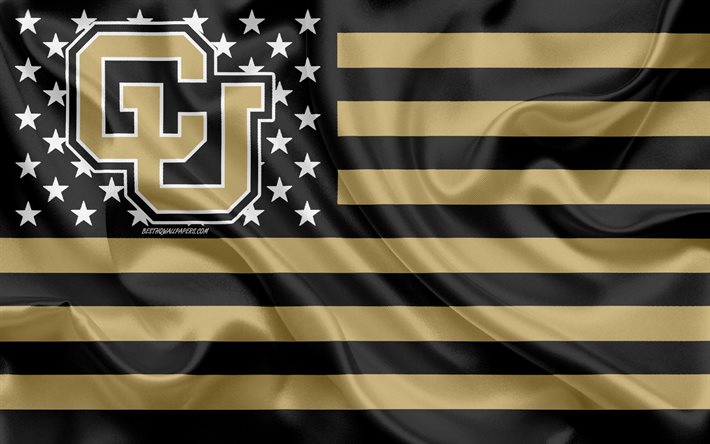Colorado Buffaloes, equipo de f&#250;tbol Americano, creadora de la bandera Americana, negro y oro de la bandera, de la NCAA, en Boulder, Colorado, estados UNIDOS, Colorado Buffaloes logotipo, emblema, bandera de seda, el f&#250;tbol Americano