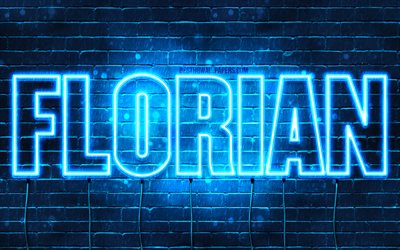 Florian, 4k, wallpapers with names, horizontal text, Florian name, Happy Birthday Florian, popular german male names, blue neon lights, picture with Florian name