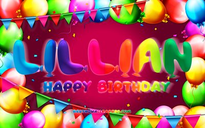 happy birthday lillian, 4k, bunte ballon-rahmen, lillian name, lila hintergrund, lillian happy birthday, lillian geburtstag, popul&#228;ren amerikanischen weiblichen vornamen, geburtstag-konzept, lillian