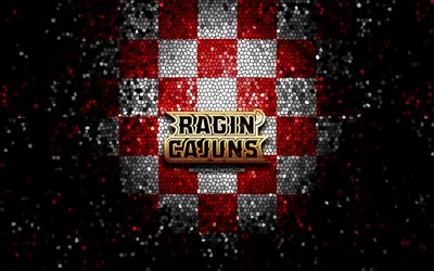 ルイジアナ州Ragin Cajuns, キラキラのロゴ, NCAA, 赤白の縞の背景, 米国, アメリカのサッカーチーム, ルイジアナ州Ragin Cajunsロゴ, モザイクart, アメリカのサッカー, 米
