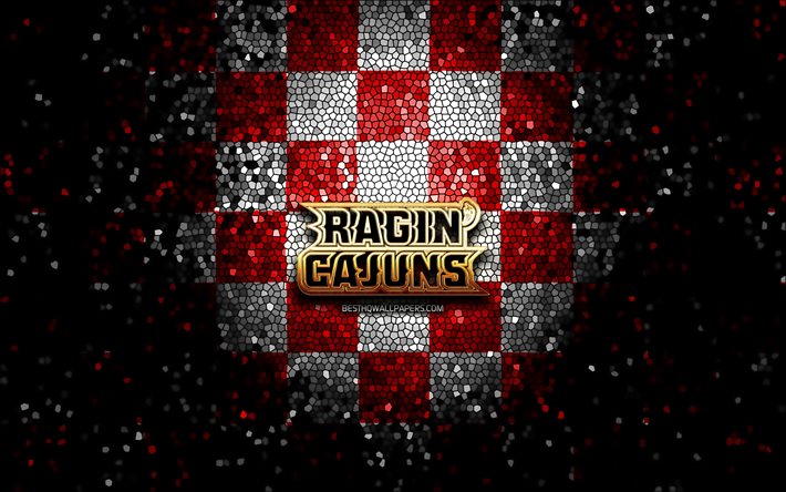 Louisiana Ragin Cajuns, glitter-logo, NCAA, punainen valkoinen ruudullinen tausta, USA, amerikkalainen jalkapallo joukkue, Louisiana Ragin Cajuns logo, mosaiikki taidetta, amerikkalainen jalkapallo, Amerikassa