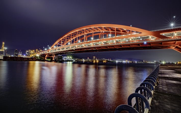 Kobe Ohashi-Silta, Kobe, illalla, punainen metalli silta, pengerrys, Kobe kaupunkikuvaan, Japani