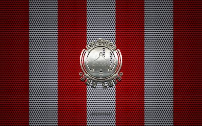 El atlético San Luis logotipo, Mexicana de fútbol del club, emblema de metal, rojo, blanco malla de metal de fondo, el Atlético San Luis, de la Liga MX, San Luis Potosí, México, el fútbol