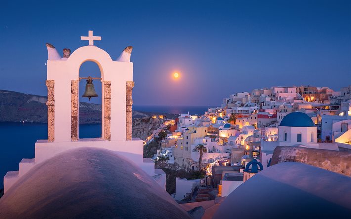 Santorini, Yunan Kilisesi, Oia, akşam, G&#252;n batımı, beyaz evler, Yunanistan, Ege Denizi, Romantik şehirler