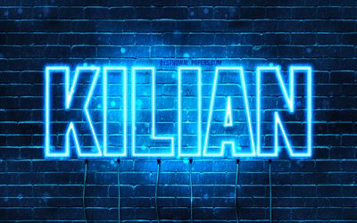 Kilian, 4k, wallpapers with names, horizontal text, Kilian name, Happy Birthday Kilian, popular german male names, blue neon lights, picture with Kilian name