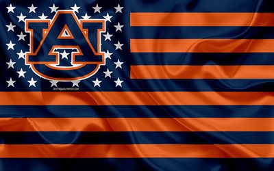 Auburn Tigers, Time de futebol americano, criativo bandeira Americana, azul bandeira cor de laranja, NCAA, Auburn, Alabama, EUA, Auburn Tigers logotipo, emblema, seda bandeira, Futebol americano