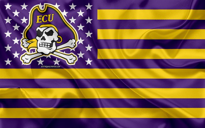 East Carolina Pirater, Amerikansk fotboll, kreativa Amerikanska flaggan, lila-gul flagga, NCAA, Greenville, North Carolina, USA, East Carolina Pirater logotyp, emblem, silk flag