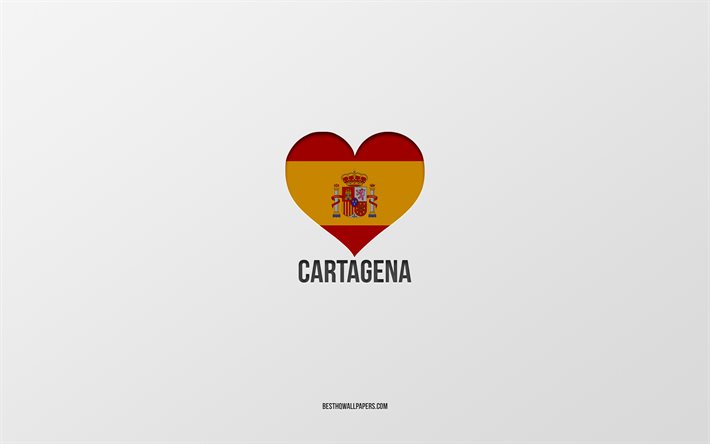 I Loveカルタヘナ, スペイン都市, グレー背景, スペイン語フラグを中心, カルタヘナ, スペイン, お気に入りの都市に, 愛のカルタヘナ