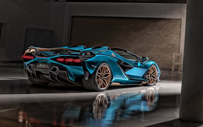 Lamborghini Sian Roadster, 2021, vue de l&#39;arri&#232;re, &#224; l&#39;ext&#233;rieur, bleu roadster, bleu nouveau Sian, supercar, des voitures de sport italiennes, Lamborghini