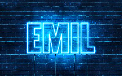 Emil, 4k, tapeter med namn, &#246;vergripande text, Emil namn, Grattis P&#229; F&#246;delsedagen Emil, popul&#228;ra tyska manligt namn, bl&#229;tt neonljus, bild med Emil namn