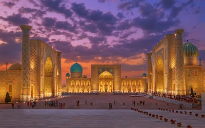 Samarcanda, Uzbekistan, antico, citt&#224;, sera, tramonto, architettura Islamica, Samarqand