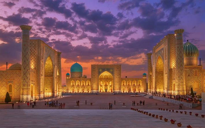 سمرقند, أوزبكستان, المدينة القديمة, مساء, غروب الشمس, العمارة الإسلامية