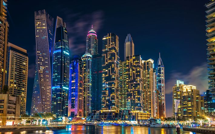 Dubai at night, 4k, nightscapes, modern buildings, skyscrapers, United Arab Emirates, cityscapes, Dubai, UAE