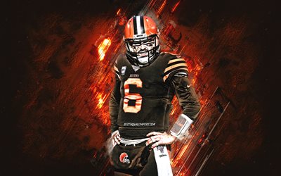 Baker Mayfield, Cleveland Browns, NFL, american football, portrait, orange stone background, National Football League