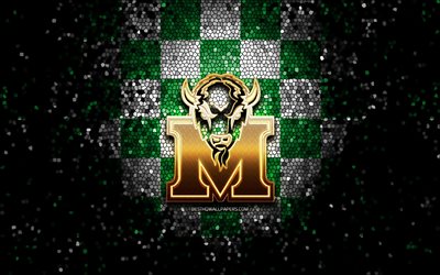 Marshall Thundering Herd, glitter, logo, NCAA, verde, bianco, sfondo a scacchi, USA, squadra di football americano, Marshall Thundering Herd logo, il mosaico, il football americano, l&#39;America