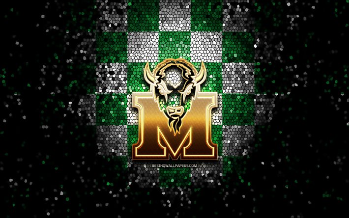 Marshall Tonnerre Troupeau, paillettes logo, NCAA, vert, blanc, arri&#232;re-plan en damier, &#233;tats-unis, &#233;quipe de football am&#233;ricain, Marshall Tonnerre Troupeau logo, l&#39;art de la mosa&#239;que, le football am&#233;ricain, l&#39;Am&#233