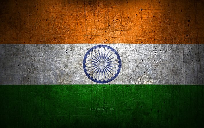 Indian metal flag, grunge art, asian countries, Day of India, national symbols, India flag, metal flags, Flag of India, Asia, Indian flag, India