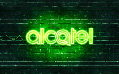 Alcatel yeşil logo, 4k, yeşil tuğla duvar, Alcatel logosu, markalar, Alcatel neon logosu, Alcatel