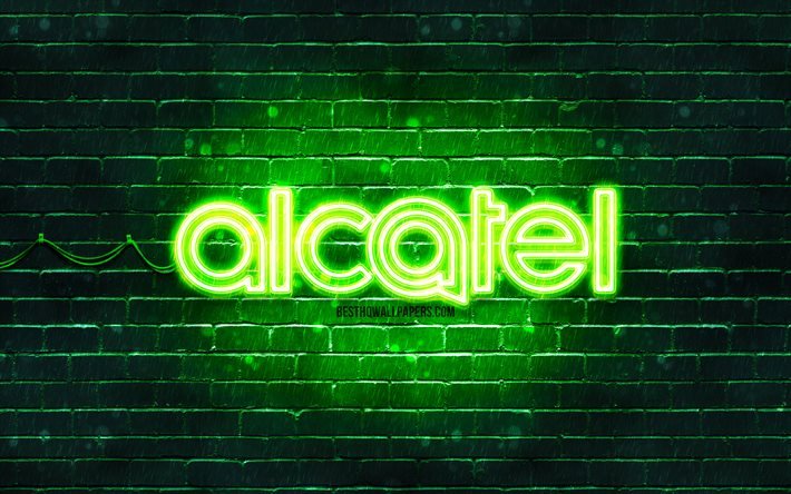 Alcatel gr&#246;n logotyp, 4k, gr&#246;n tegelv&#228;gg, Alcatel logotyp, varum&#228;rken, Alcatel neon logotyp, Alcatel
