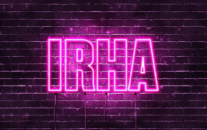Irha, 4k, sfondi con nomi, nomi femminili, nome Irha, luci al neon viola, Happy Birthday Irha, nomi femminili arabi popolari, immagine con nome Irha