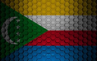 Drapeau des Comores, texture hexagones 3D, Comores, texture 3D, drapeau 3D des Comores, texture m&#233;tallique, drapeau des Comores