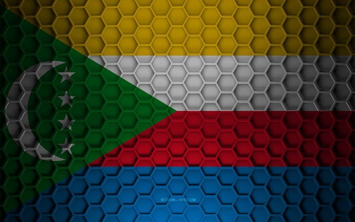 Bandeira de comores, textura de hex&#225;gonos 3d, Comores, textura 3d, bandeira comores 3d, textura met&#225;lica, bandeira de Comores