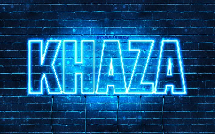 Khaza, 4k, fonds d’&#233;cran avec des noms, nom Khaza, n&#233;ons bleus, Joyeux anniversaire Khaza, noms masculins arabes populaires, image avec le nom Khaza