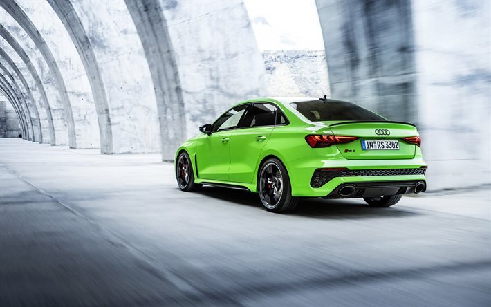 2022, Audi RS3 Berline, 4k, vue de face, ext&#233;rieur, berline verte, nouvelle berline verte RS3, voitures allemandes, Audi