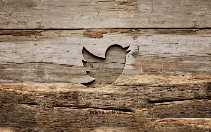 Twitter wooden logo, 4K, wooden backgrounds, social network, Twitter logo, creative, wood carving, Twitter