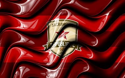 Drapeau de la R&#233;publique de Sacramento, 4k, vagues rouges 3D, USL, &#233;quipe de football am&#233;ricain, logo de la R&#233;publique de Sacramento, football, Sacramento Republic FC