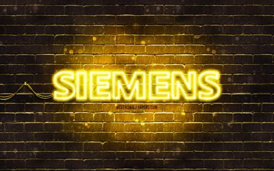 Logotipo amarelo siemens, 4k, parede de tijolos amarelos, logotipo da Siemens, marcas, logotipo neon da Siemens, Siemens