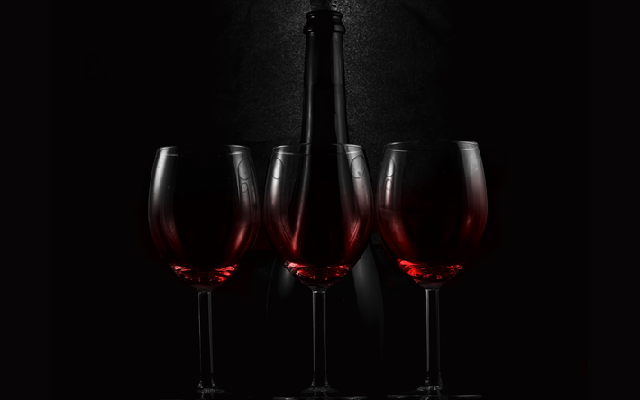 Red wine, glasses of wine, black bottle, wine