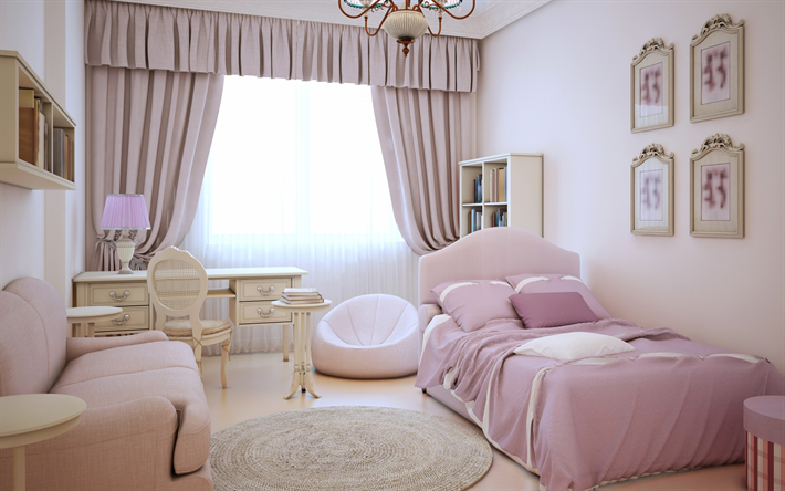 Modern design, childrens room interior, interior for the girl, childrens bedroom
