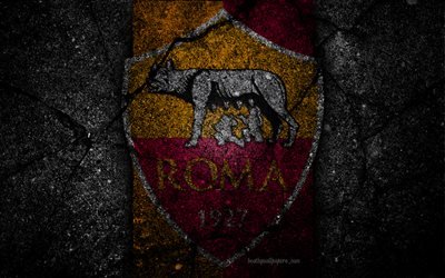 AS Roma, logo, art, Serie A, soccer, Roma, football club, asphalt texture