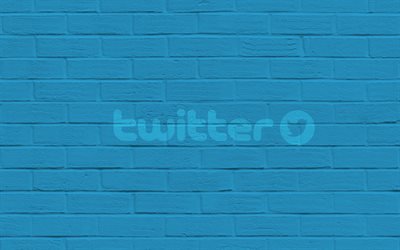 Twitter, emblema, muro di mattoni, parete blu, logo twitter