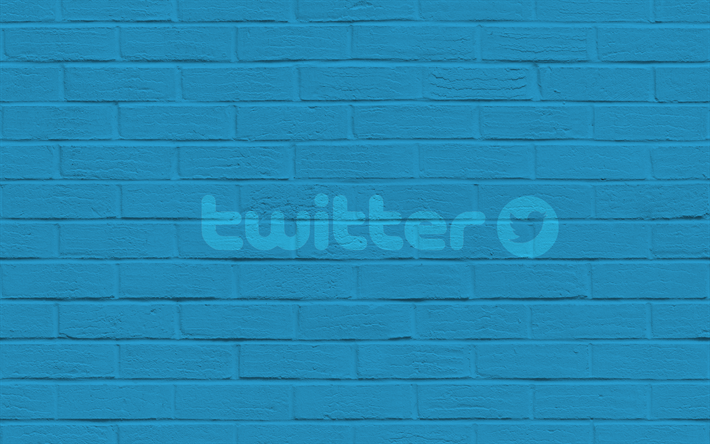 Twitter, エンブレム, レンガの壁, 青色の壁, twitterロゴ