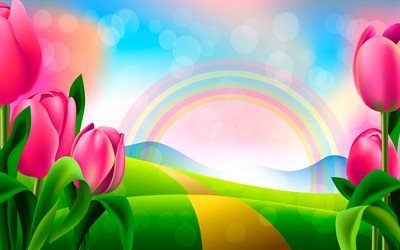 tulipanes de color rosa, arco iris, camino, campo, verano