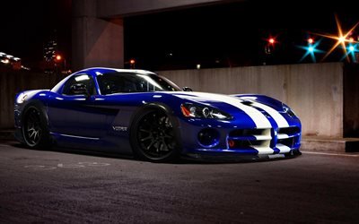 Dodge Viper SRT, supercars, nights, sportcars, blue Viper, american cars, Dodge