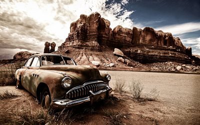 auto abbandonata, deserto, vecchie auto, fuoristrada, mountauns, USA, America