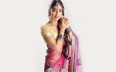 4k, Shriya Saran, saree, l&#39;actrice indienne, de la beaut&#233;, de Bollywood